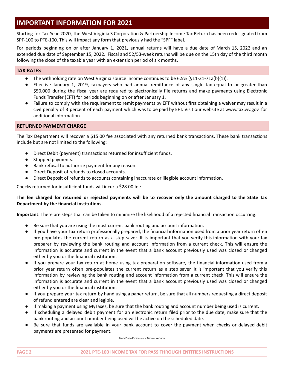 Instructions for Form PTE-100 West Virginia Income Tax Return S Corporation  Partnership (Pass-Through Entity) - West Virginia, Page 2