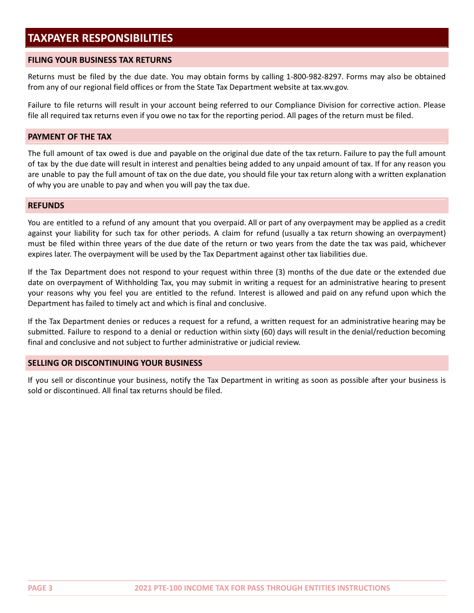 Instructions for Form PTE-100 West Virginia Income Tax Return S Corporation  Partnership (Pass-Through Entity) - West Virginia, Page 3