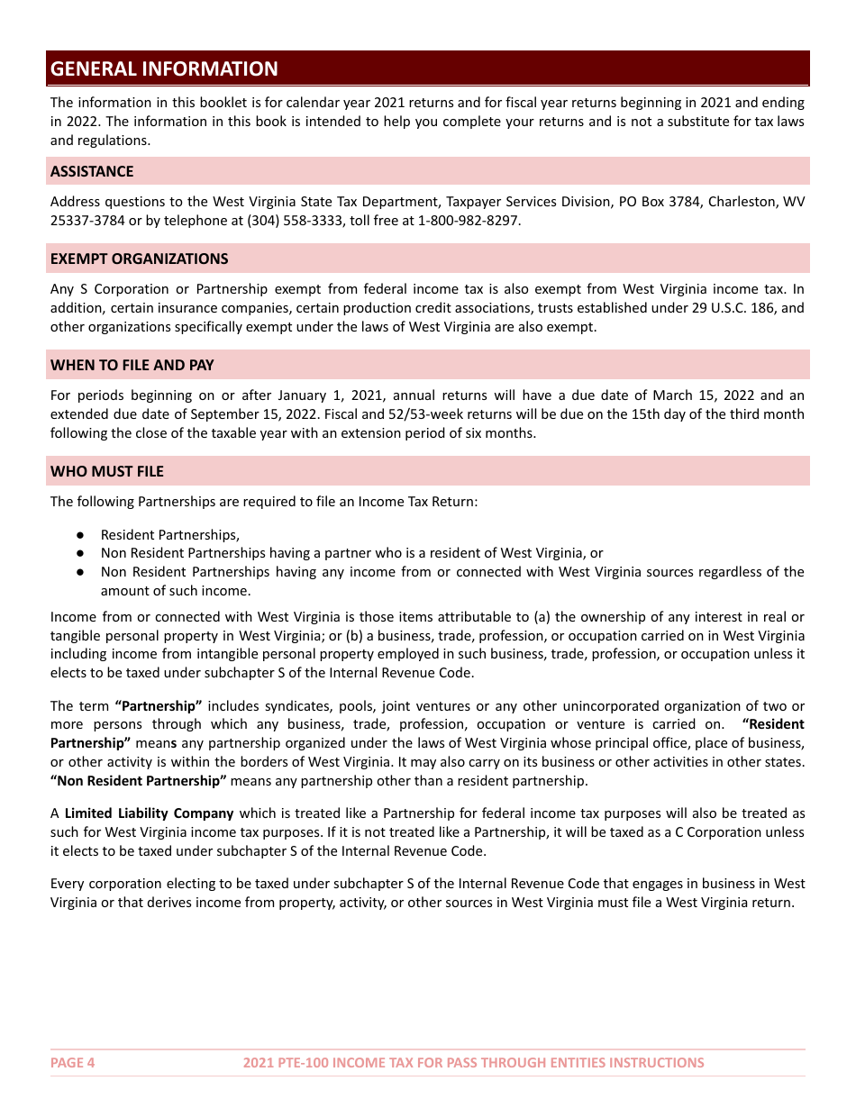 Instructions for Form PTE-100 West Virginia Income Tax Return S Corporation  Partnership (Pass-Through Entity) - West Virginia, Page 4