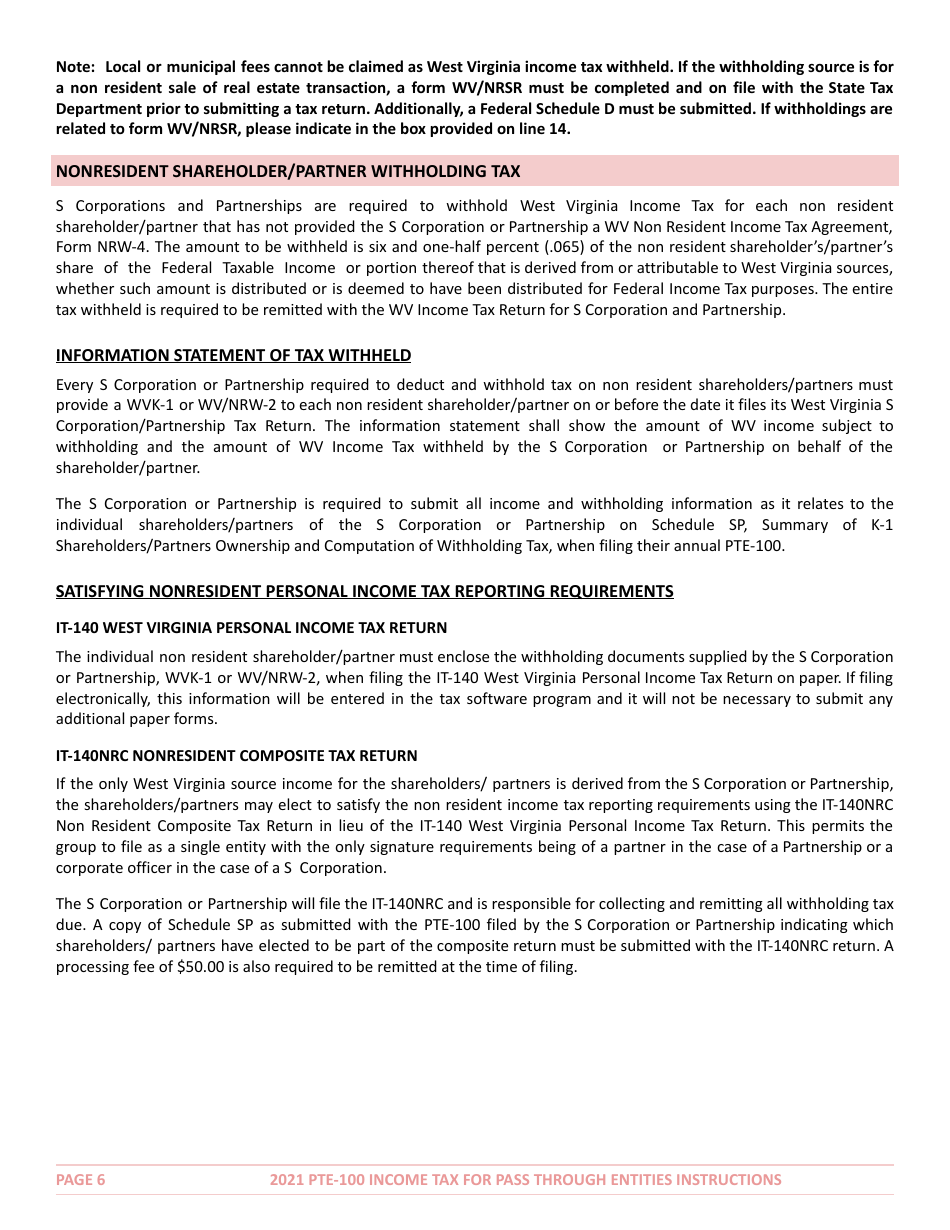 Instructions for Form PTE-100 West Virginia Income Tax Return S Corporation  Partnership (Pass-Through Entity) - West Virginia, Page 6