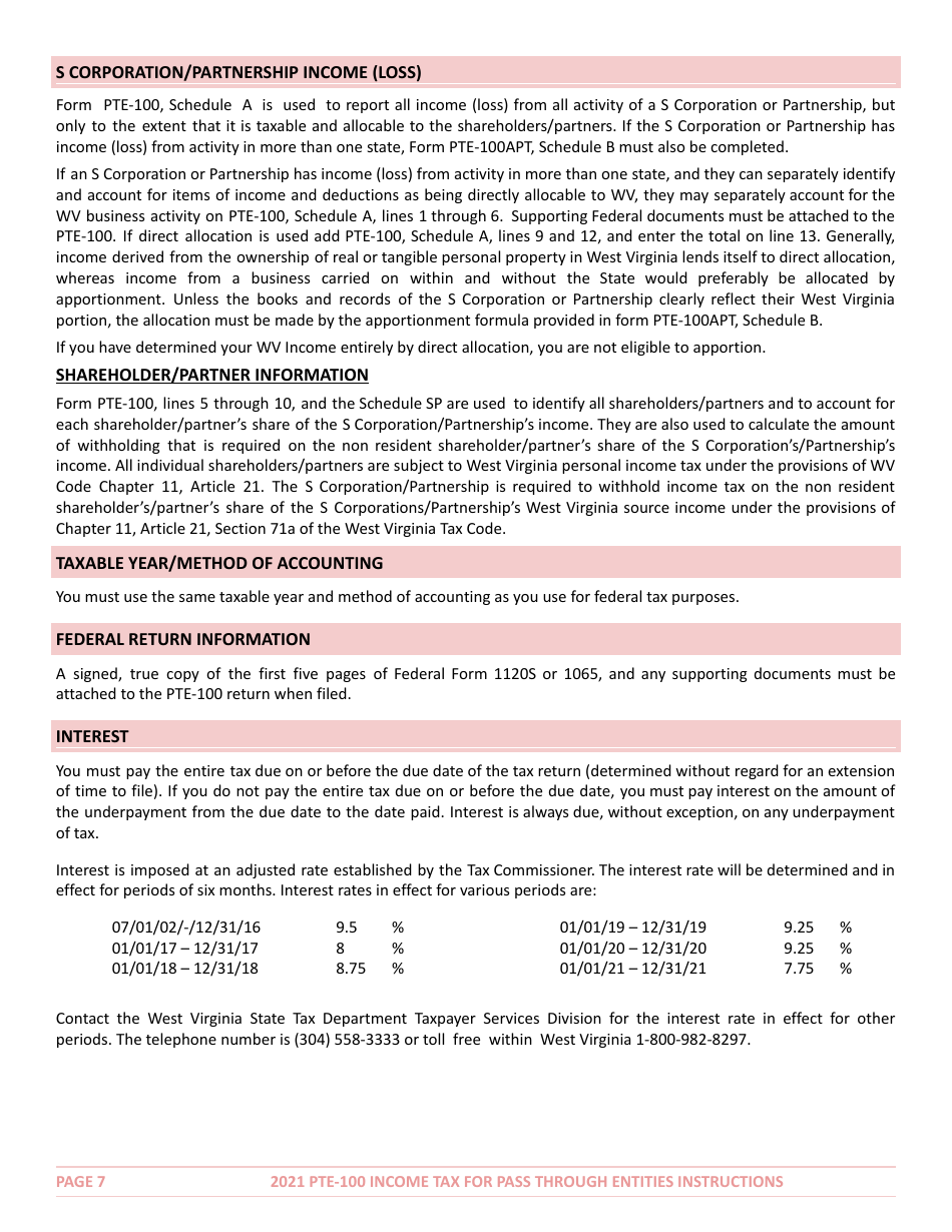 Instructions for Form PTE-100 West Virginia Income Tax Return S Corporation  Partnership (Pass-Through Entity) - West Virginia, Page 7