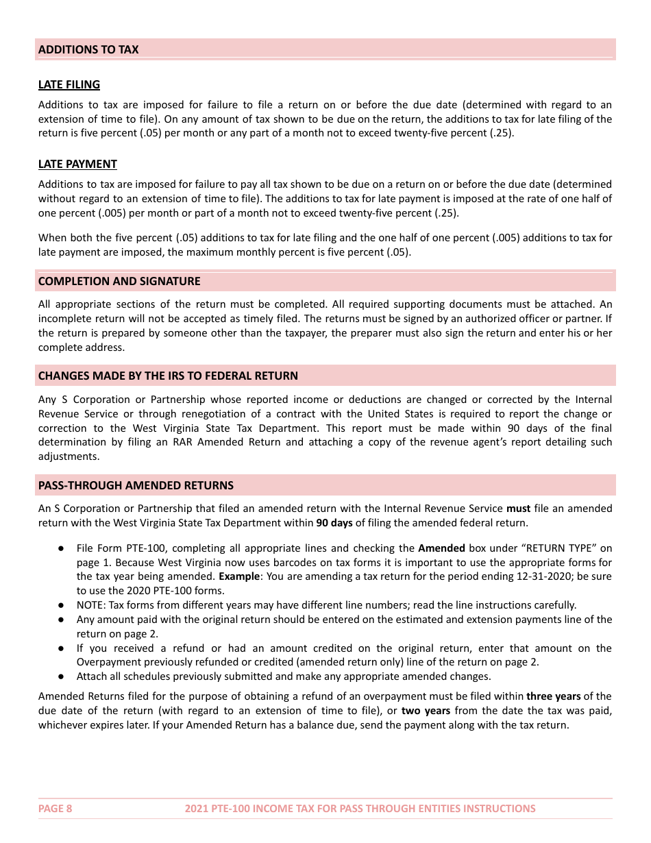 Instructions for Form PTE-100 West Virginia Income Tax Return S Corporation  Partnership (Pass-Through Entity) - West Virginia, Page 8