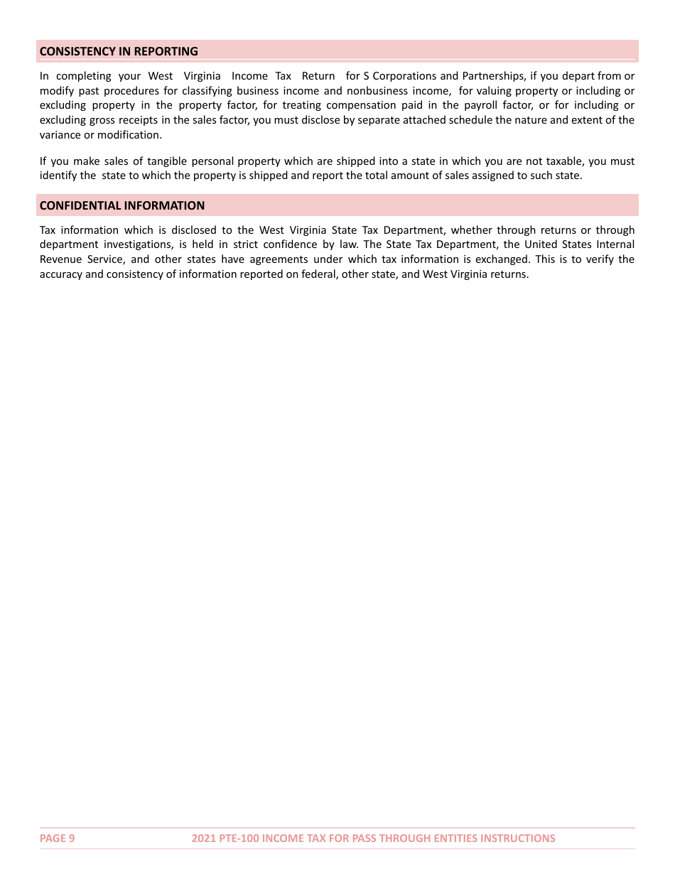 Instructions for Form PTE-100 West Virginia Income Tax Return S Corporation  Partnership (Pass-Through Entity) - West Virginia, Page 9