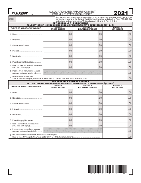 Form PTE-100APT 2021 Printable Pdf