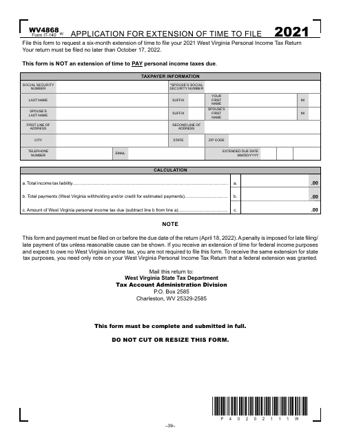 Form WV4868 2021 Printable Pdf