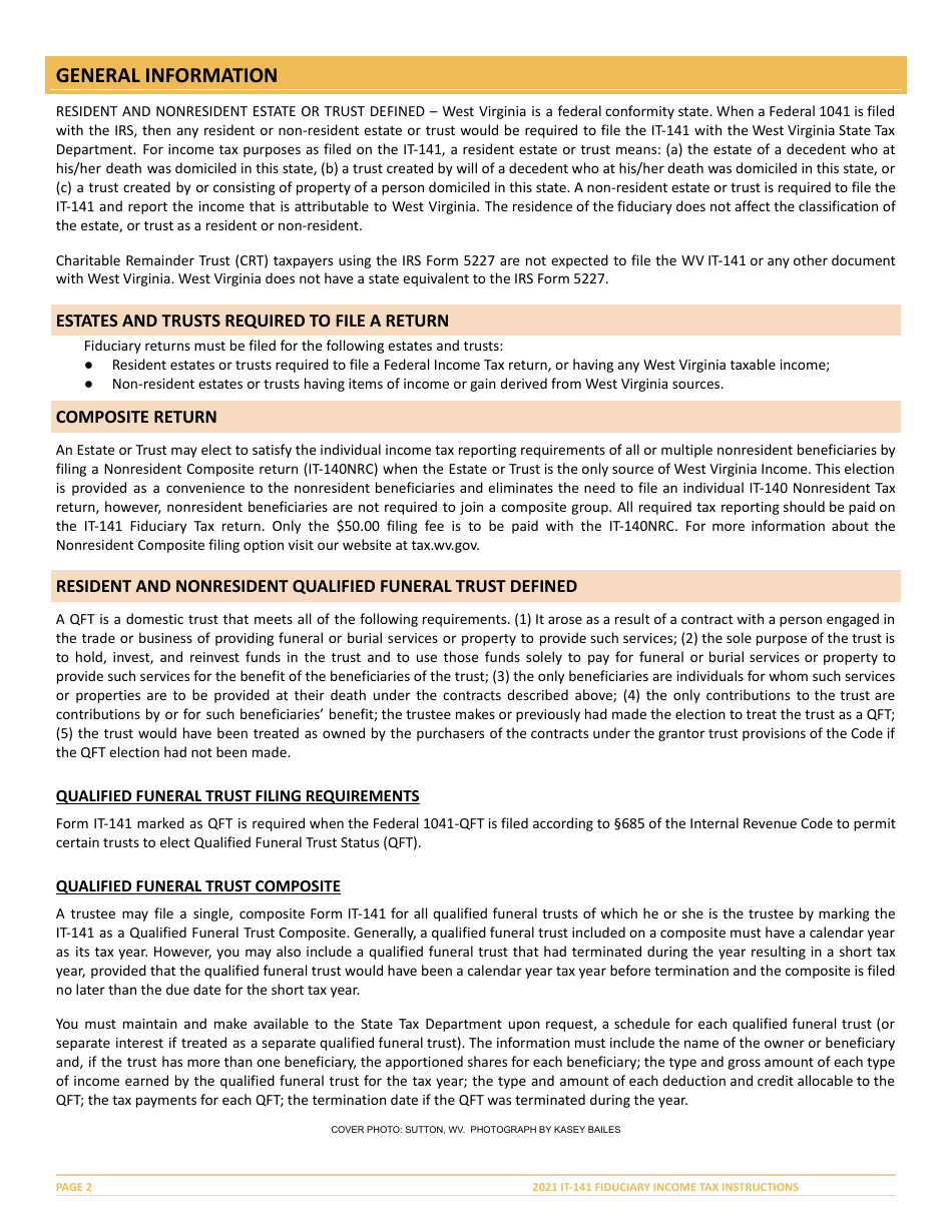 Instructions for Form IT-141 West Virginia Fiduciary Income Tax Return - West Virginia, Page 2