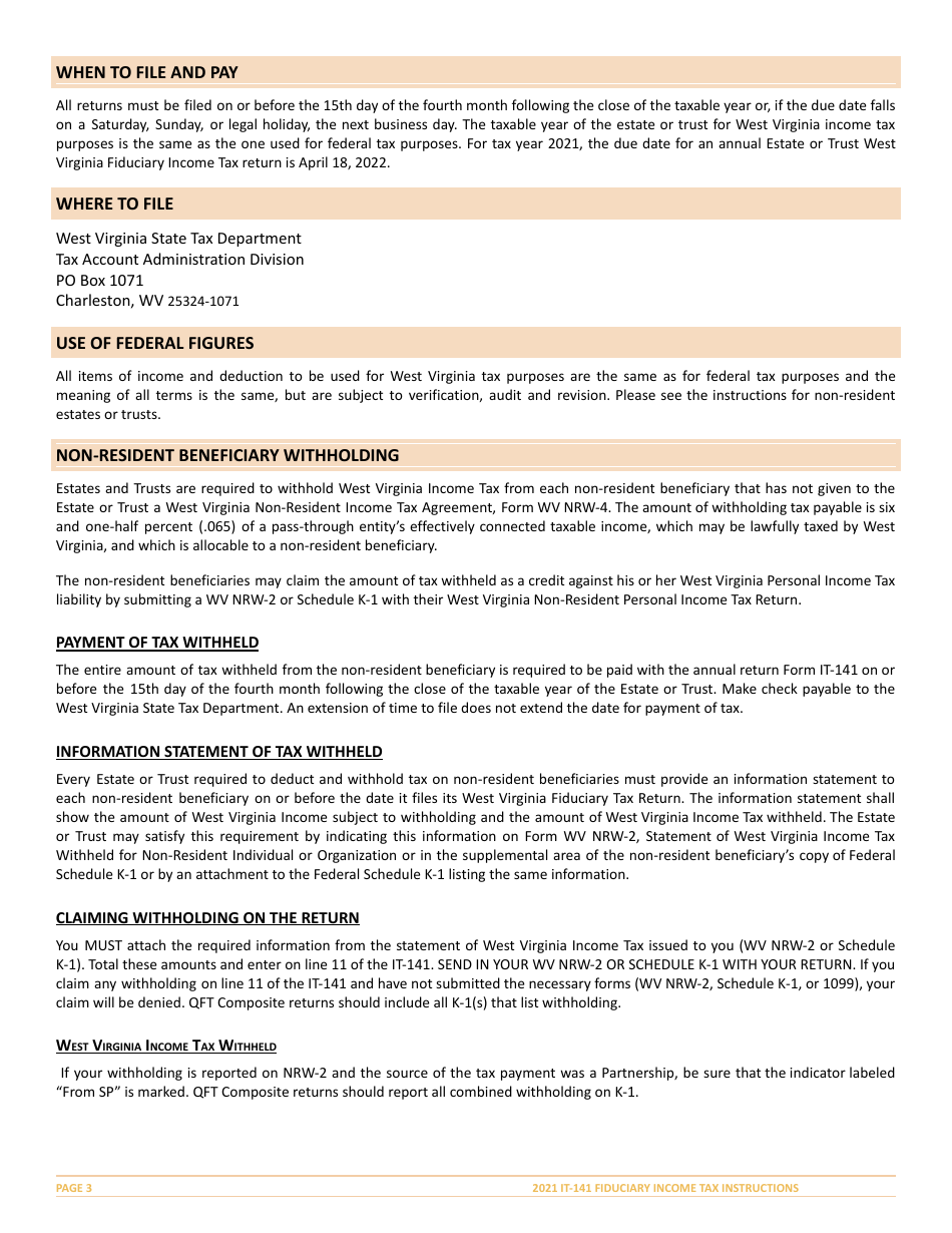 Instructions for Form IT-141 West Virginia Fiduciary Income Tax Return - West Virginia, Page 3