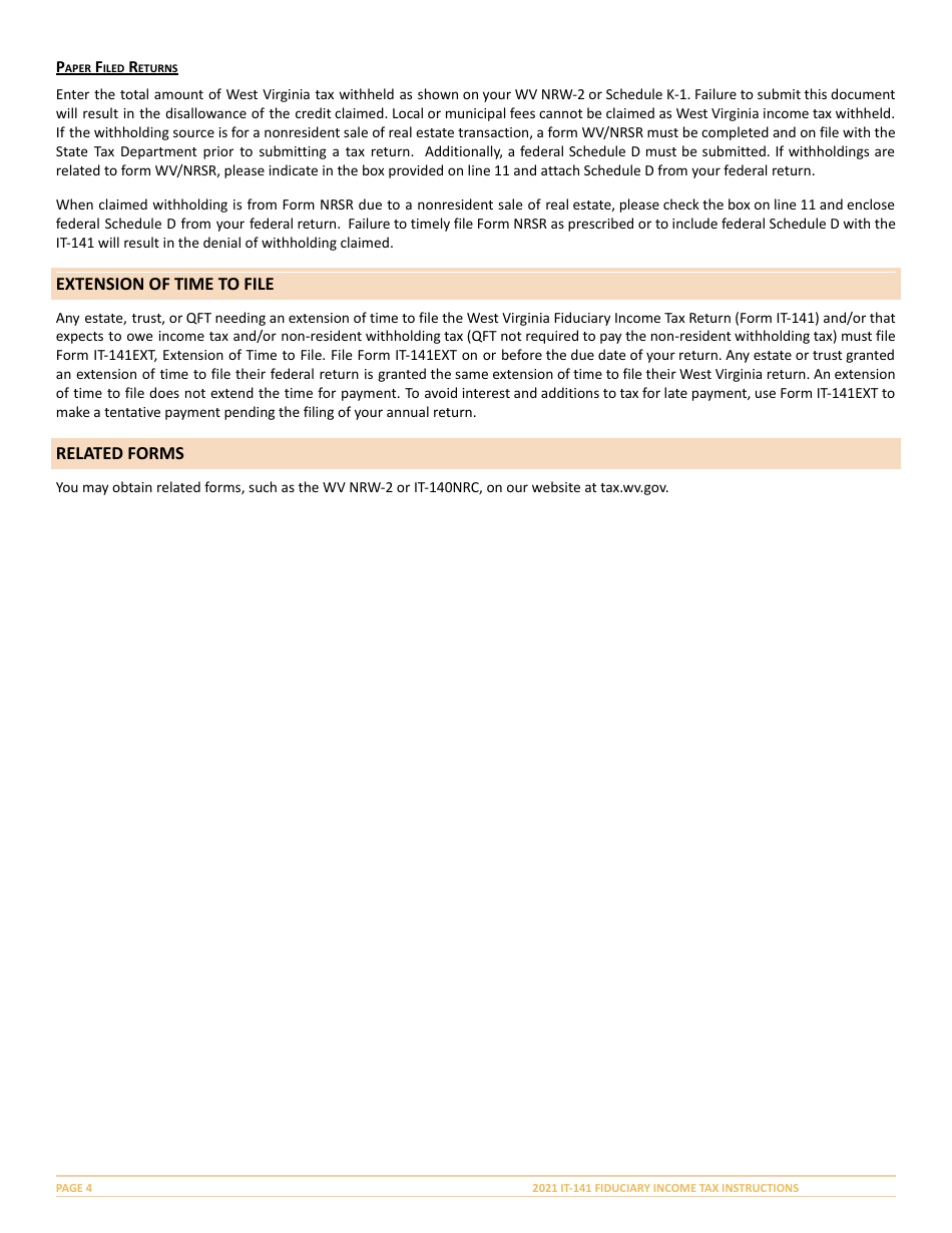 Instructions for Form IT-141 West Virginia Fiduciary Income Tax Return - West Virginia, Page 4