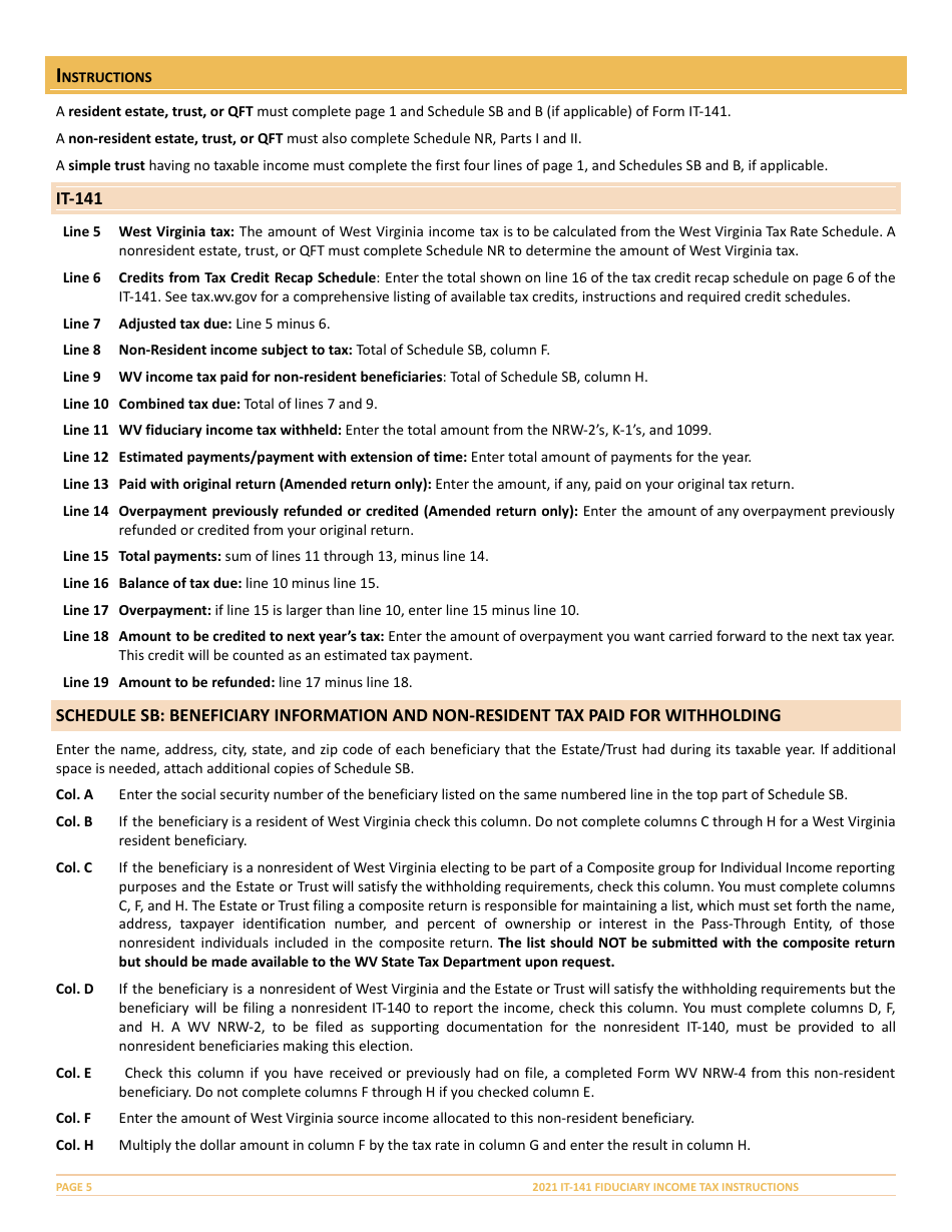 Instructions for Form IT-141 West Virginia Fiduciary Income Tax Return - West Virginia, Page 5