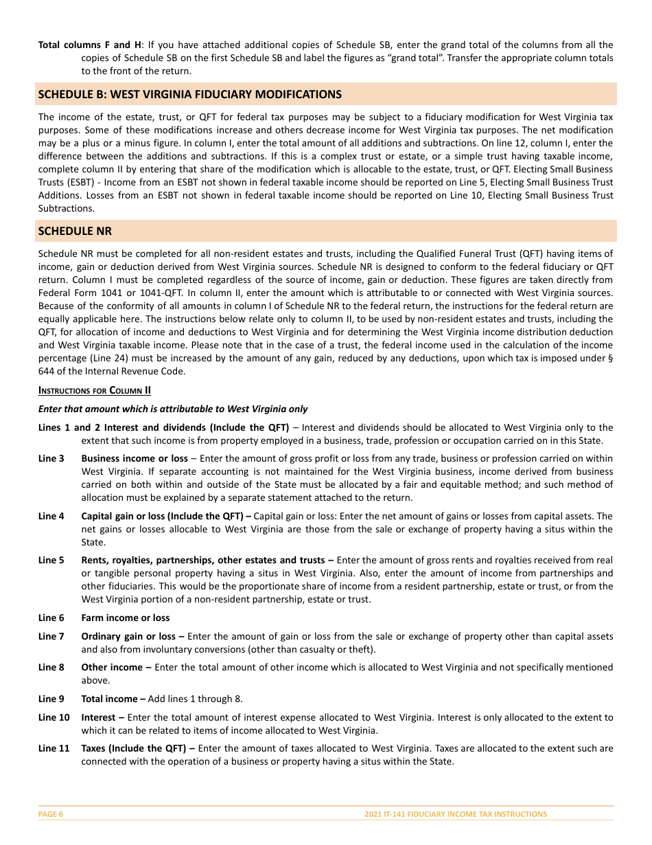 Instructions for Form IT-141 West Virginia Fiduciary Income Tax Return - West Virginia, Page 6