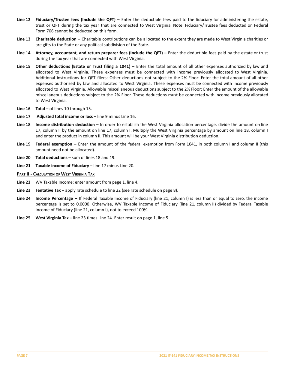 Instructions for Form IT-141 West Virginia Fiduciary Income Tax Return - West Virginia, Page 7