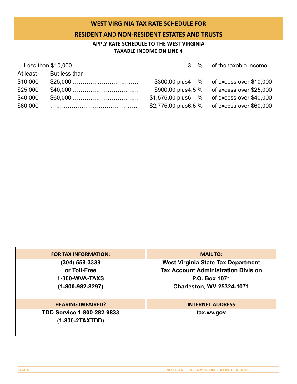Instructions for Form IT-141 West Virginia Fiduciary Income Tax Return - West Virginia, Page 8