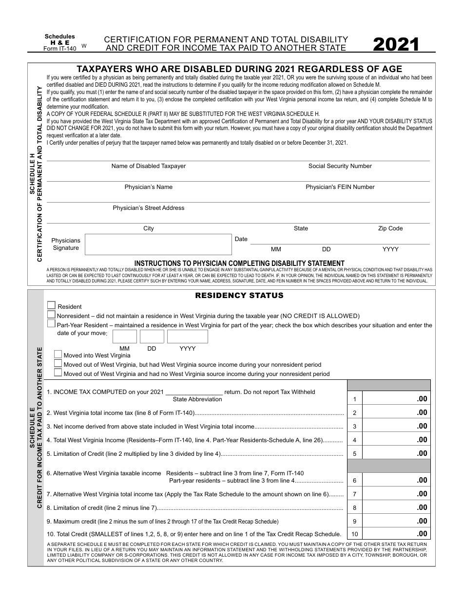 Form IT-140 Schedule E, H Certification for Permanent and Total Disability and Credit for Income Tax Paid to Another State - West Virginia, Page 1