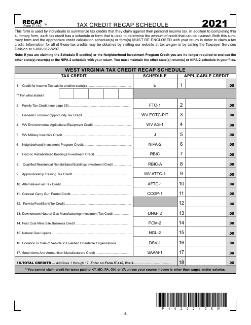 Form IT-140 Schedule RECAP 2021 Printable Pdf
