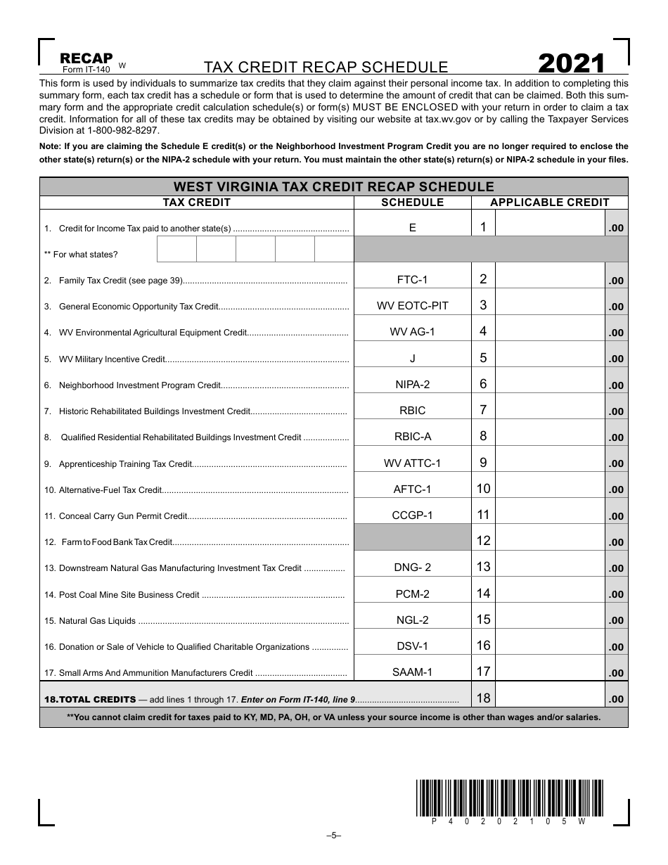 Form IT-140 Schedule RECAP Tax Credit Recap Schedule - West Virginia, Page 1