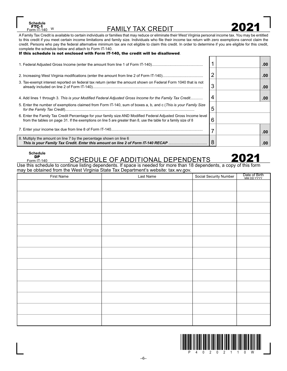 Form IT-140 Schedule DP, FTC-1 - West Virginia, Page 1