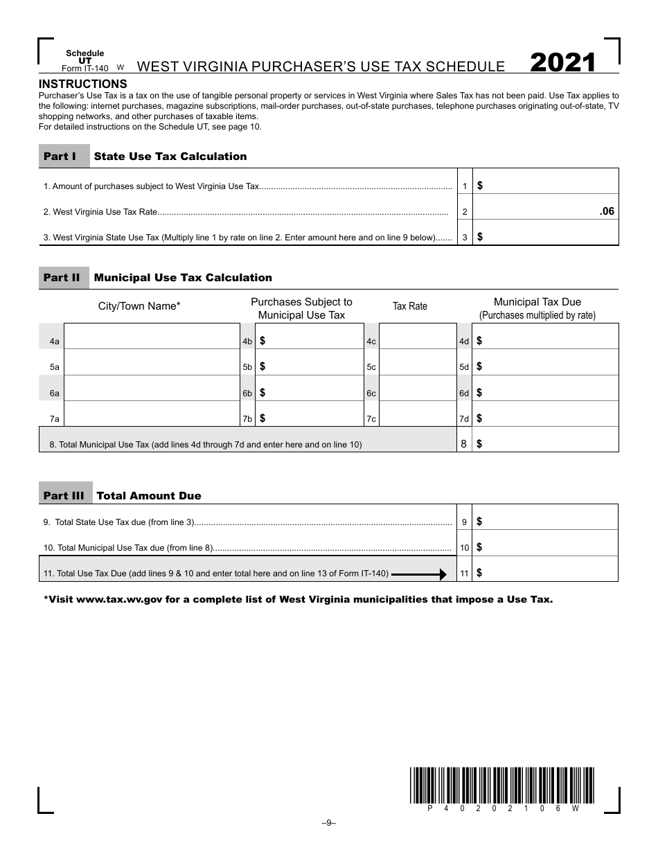 Form IT-140 Schedule UT West Virginia Purchasers Use Tax Schedule - West Virginia, Page 1