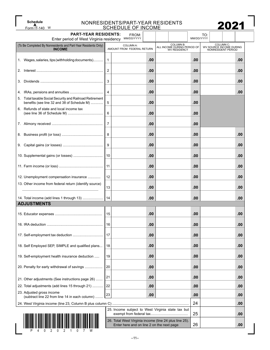 Form IT-140 Schedule A Nonresidents / Part-Year Residents Schedule of Income - West Virginia, Page 1