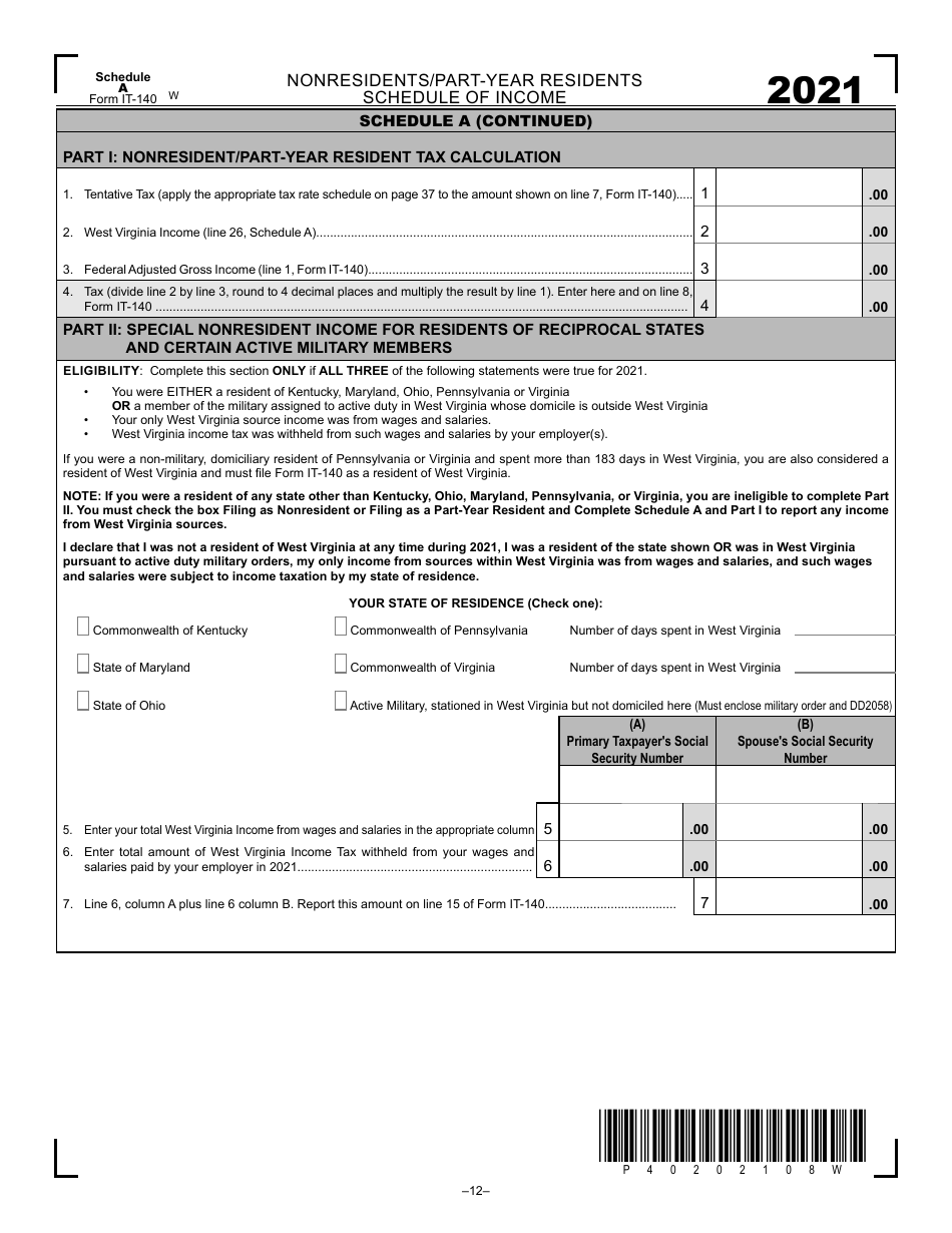 Form IT-140 Schedule A Nonresidents / Part-Year Residents Schedule of Income - West Virginia, Page 2