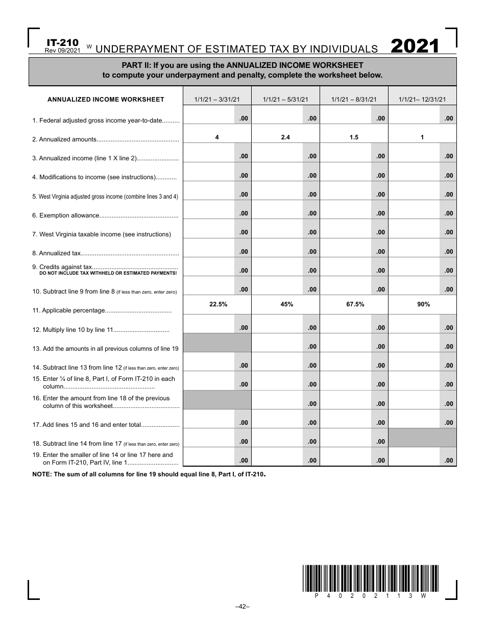 Form IT-210 Underpayment of Estimated Tax by Individuals - West Virginia, Page 2