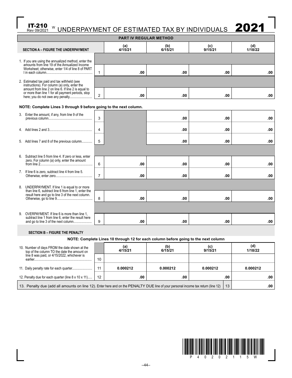 Form IT-210 Underpayment of Estimated Tax by Individuals - West Virginia, Page 4