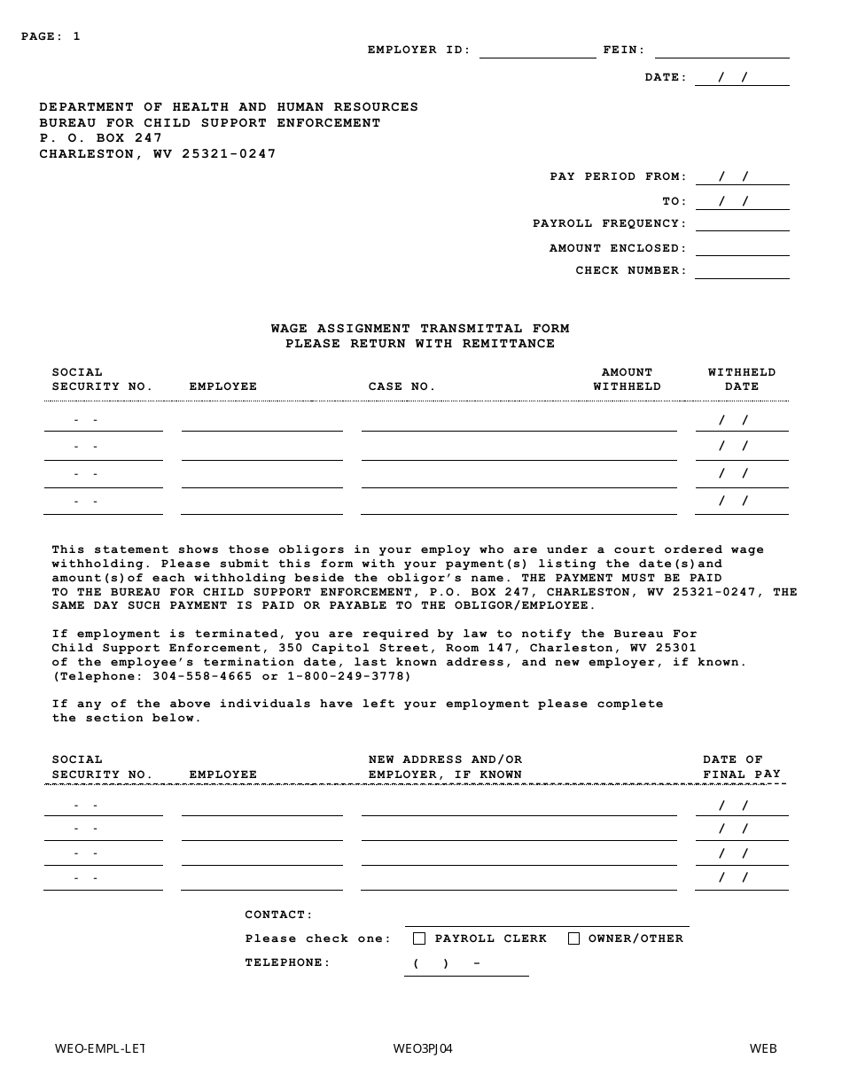 Wage Assignment Transmittal Form - West Virginia, Page 1