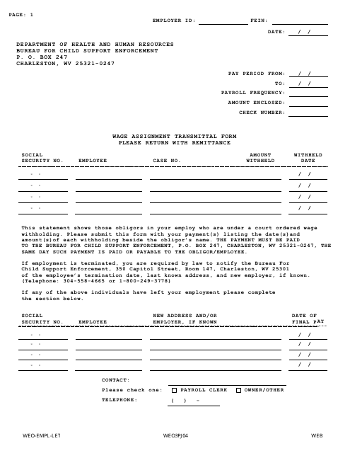 Wage Assignment Transmittal Form - West Virginia Download Pdf