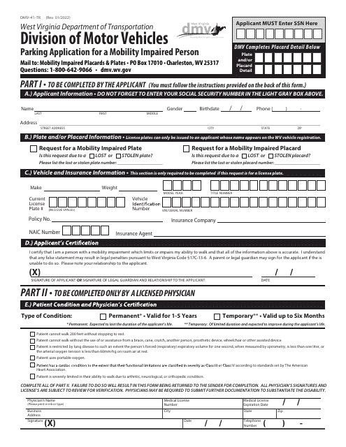 Form DMV-41-TR Parking Application for a Mobility Impaired Person - West Virginia