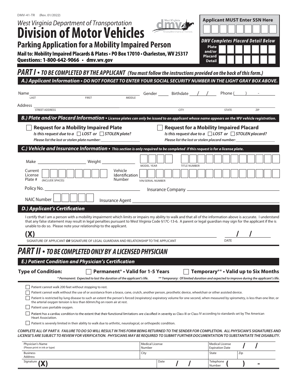 Form DMV-41-TR Parking Application for a Mobility Impaired Person - West Virginia, Page 1