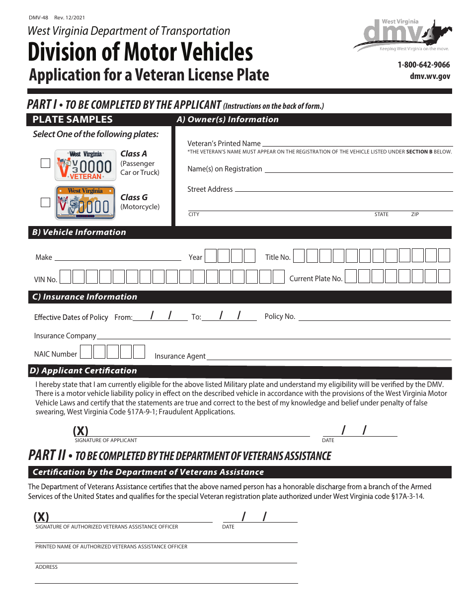 Form DMV-48 Application for a Veteran License Plate - West Virginia, Page 1