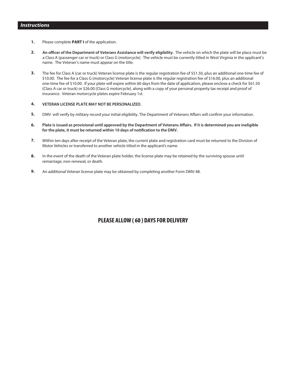Form DMV-48 Application for a Veteran License Plate - West Virginia, Page 2