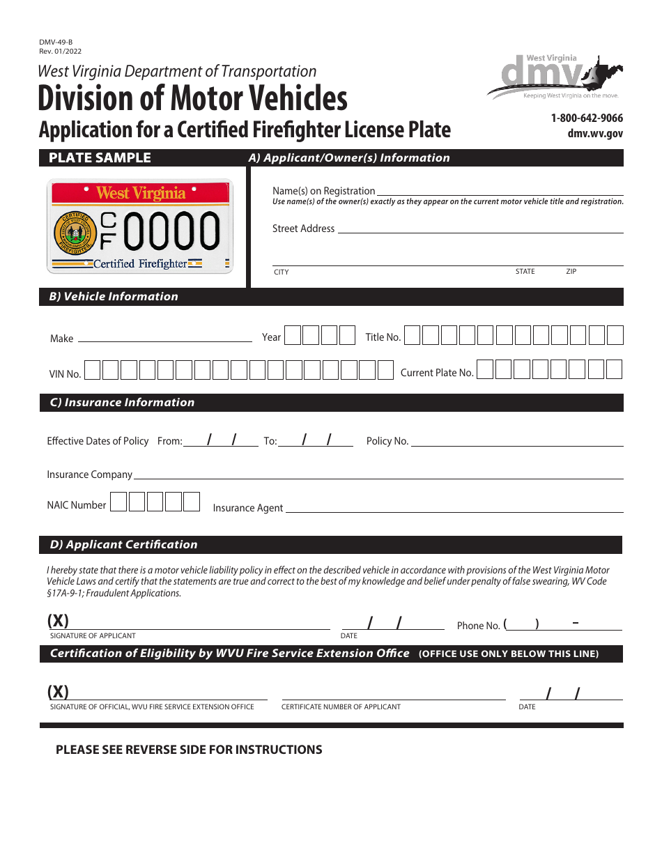 Form DMV-49-B Application for a Certified Firefighter License Plate - West Virginia, Page 1