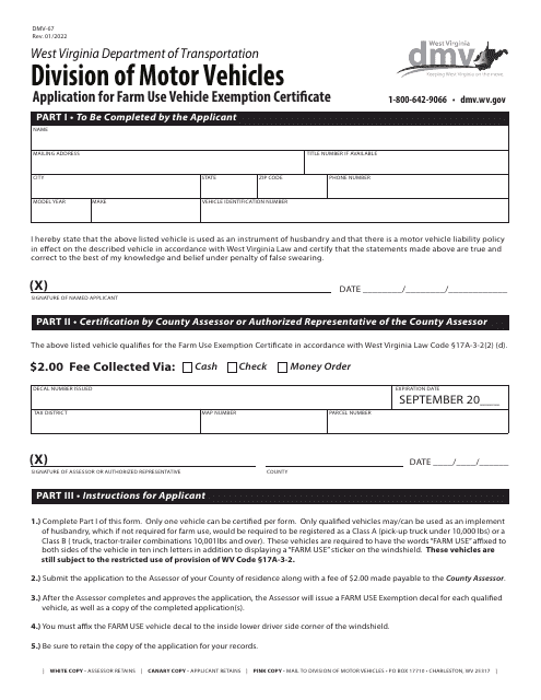 Form DMV-67 Application for Farm Use Vehicle Exemption Certificate - West Virginia
