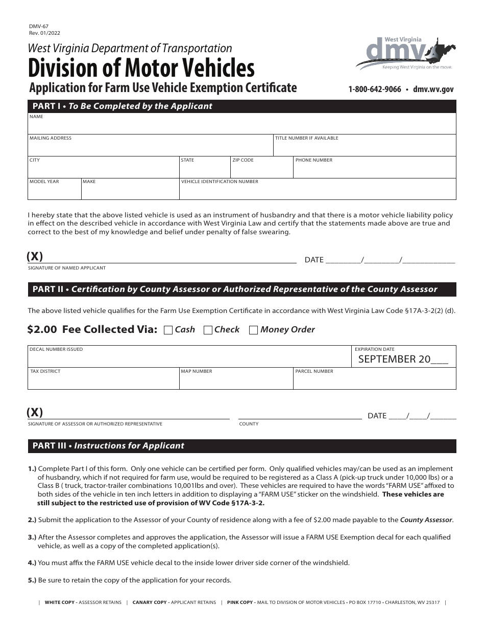 Form DMV-67 Application for Farm Use Vehicle Exemption Certificate - West Virginia, Page 1