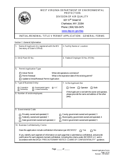 Initial/Renewal Title V Permit Application - General Forms - West Virginia