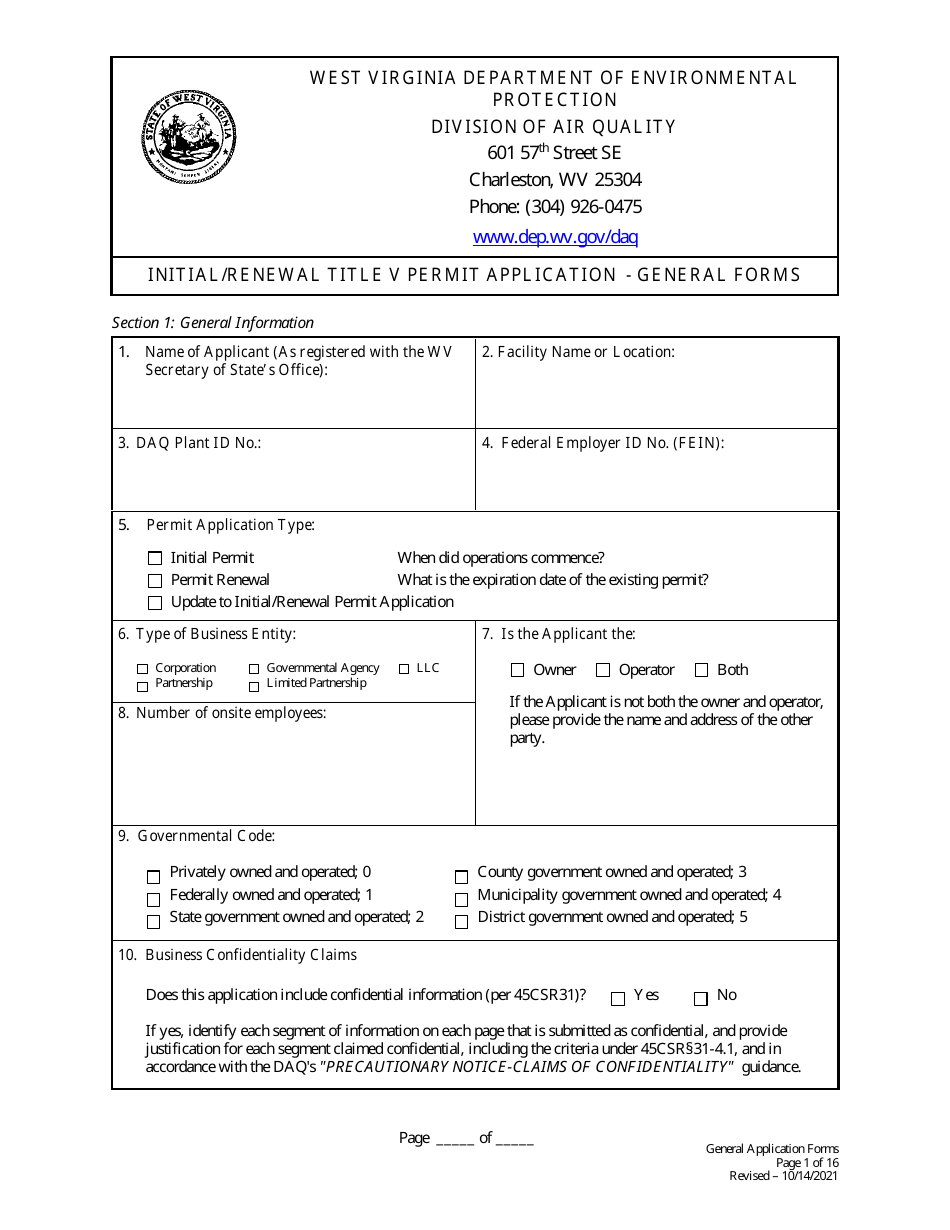 Initial / Renewal Title V Permit Application - General Forms - West Virginia, Page 1