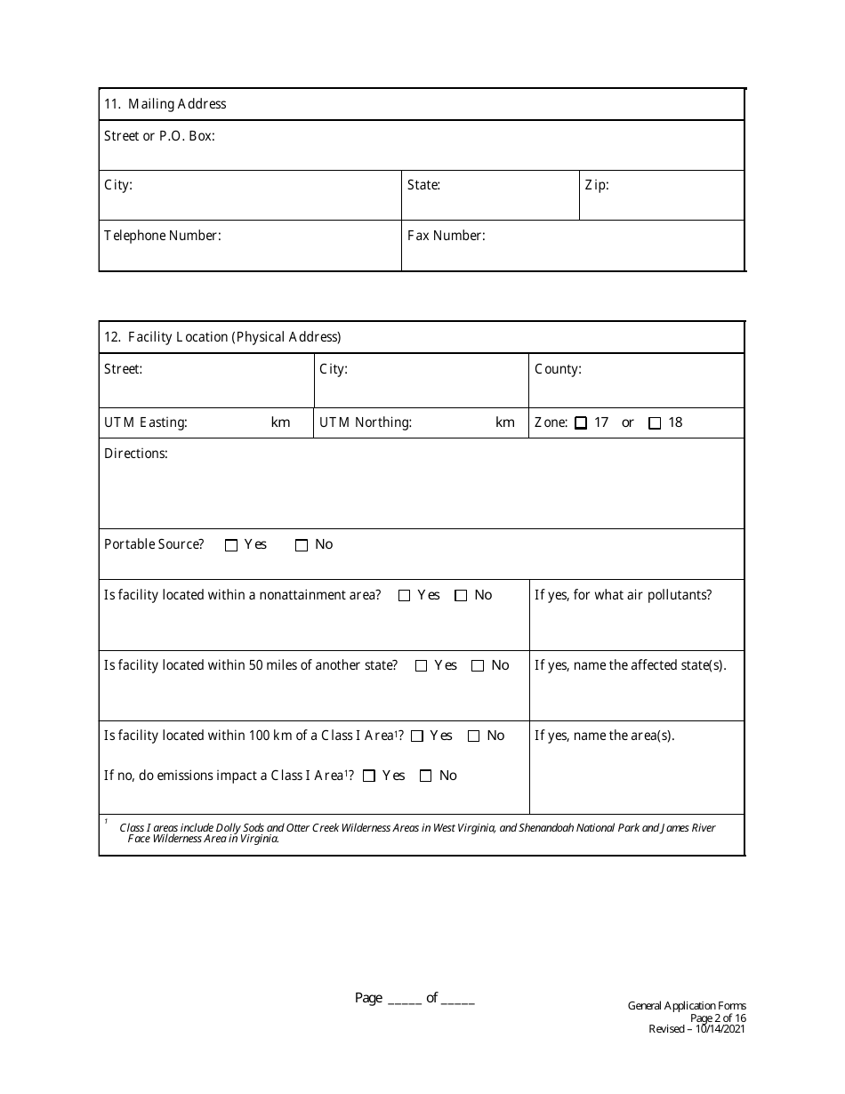 Initial / Renewal Title V Permit Application - General Forms - West Virginia, Page 2