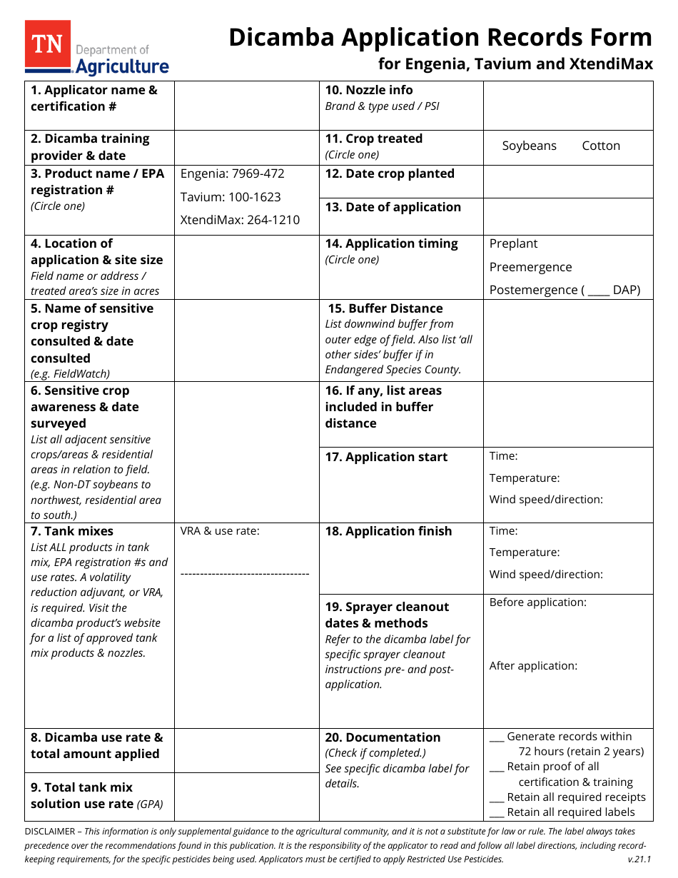 Dicamba Application Records Form for Engenia, Tavium and Xtendimax - Tennessee, Page 1