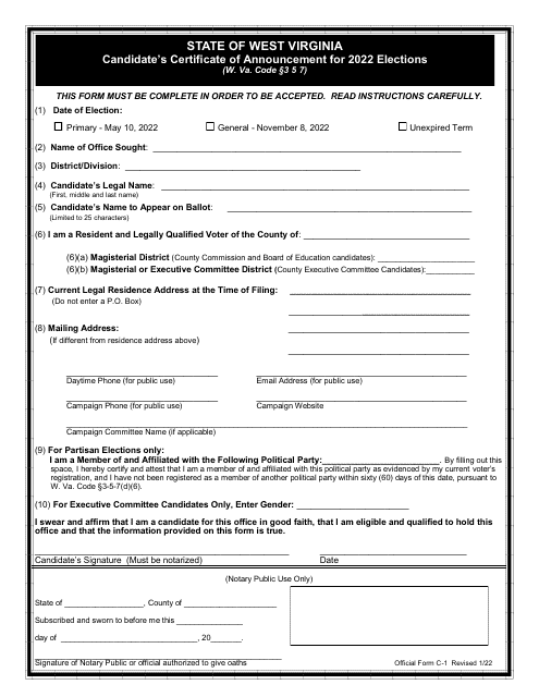 Official Form C-1 Candidate's Certificate of Announcement for Elections - West Virginia, 2022