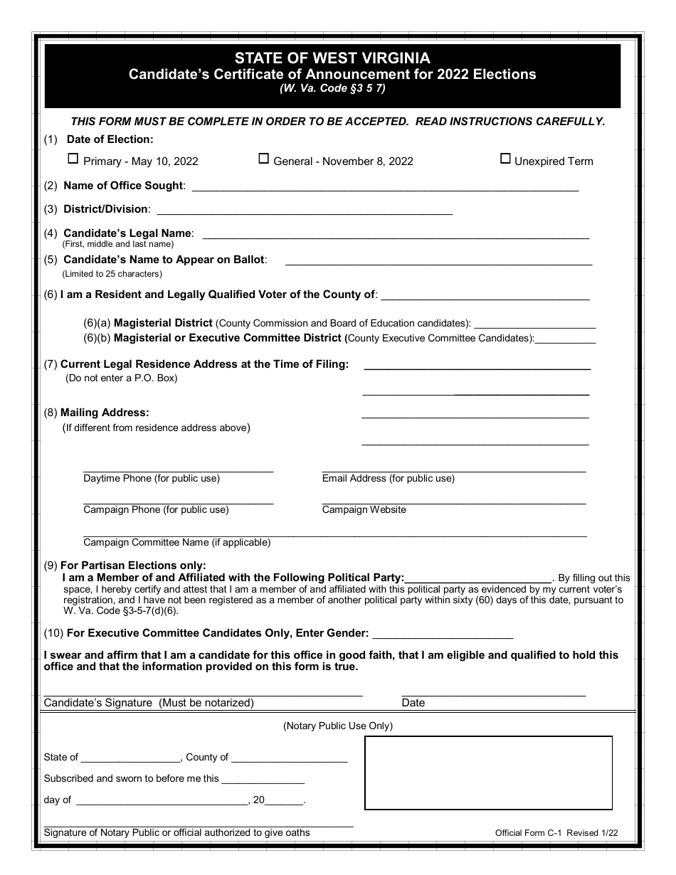 Official Form C-1 Candidate's Certificate of Announcement for Elections - West Virginia, Page 1