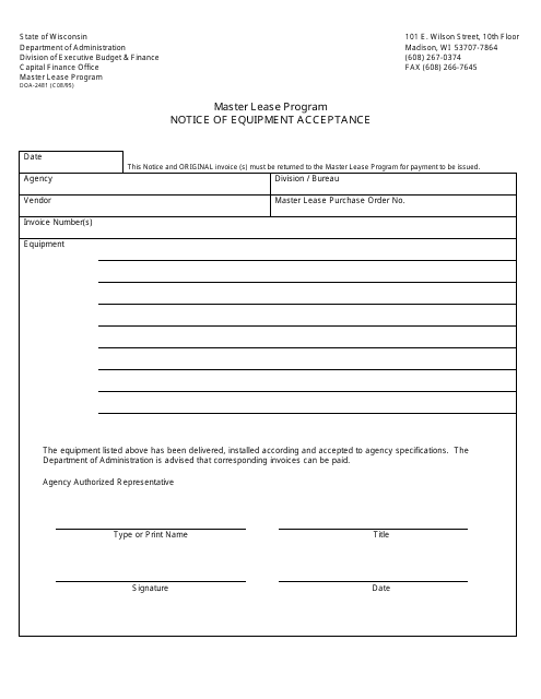 Form DOA-2481 Notice of Equipment Acceptance - Master Lease Program - Wisconsin
