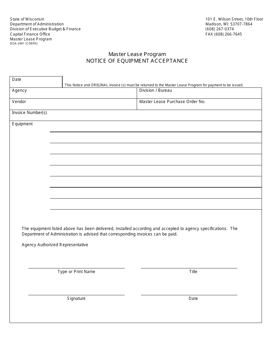 Form DOA-2481 Notice of Equipment Acceptance - Master Lease Program - Wisconsin, Page 1