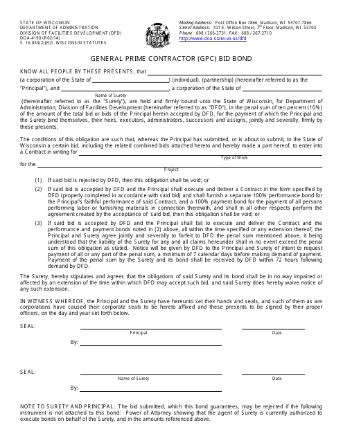 Form DOA-4190 General Prime Contractor (Gpc) Bid Bond - Wisconsin