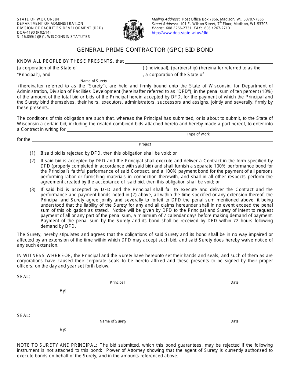 Form DOA-4190 General Prime Contractor (Gpc) Bid Bond - Wisconsin, Page 1