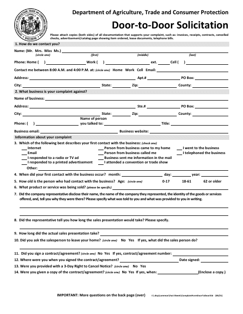 Form 316 Consumer Complaint - Door-To-Door Solicitation - Wisconsin