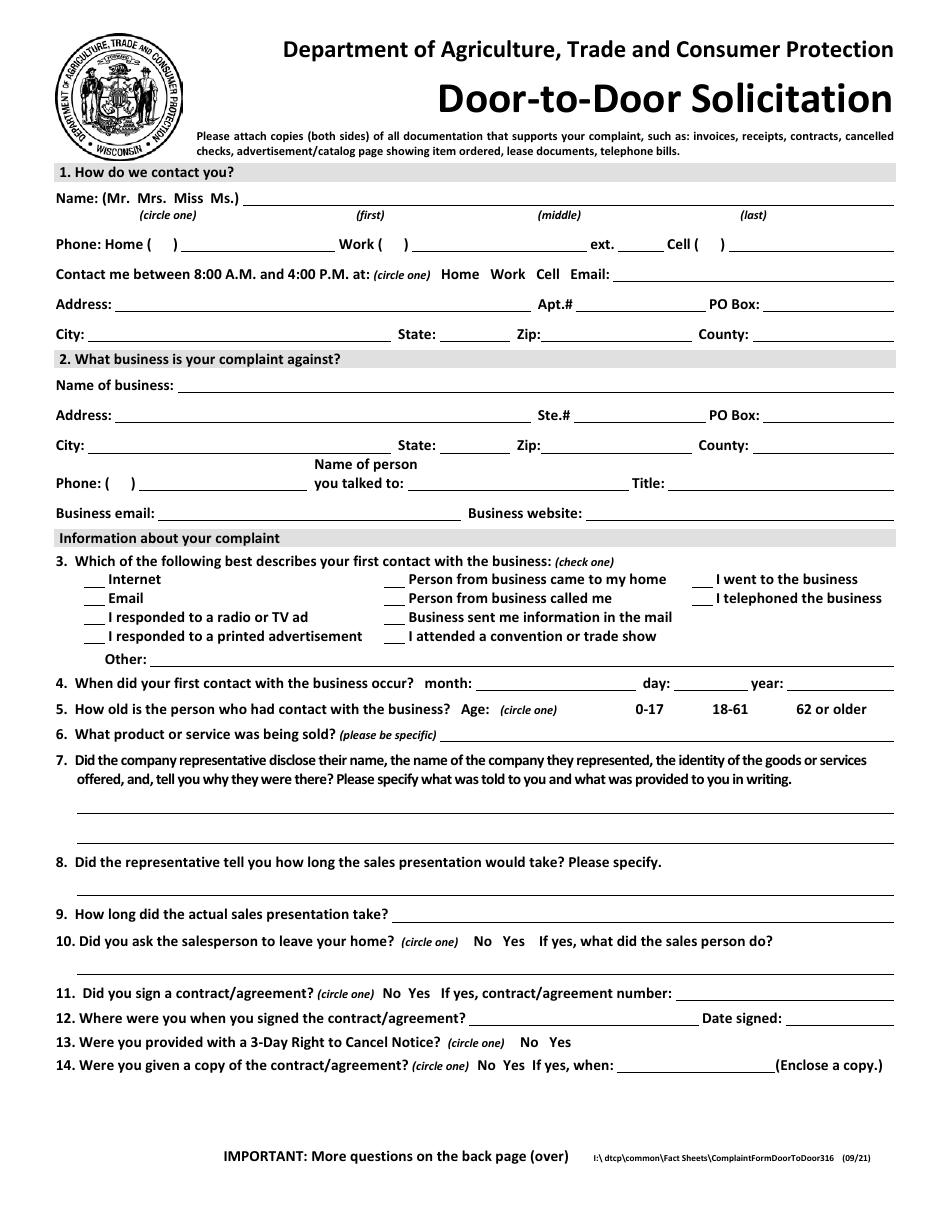 Form 316 Consumer Complaint - Door-To-Door Solicitation - Wisconsin, Page 1