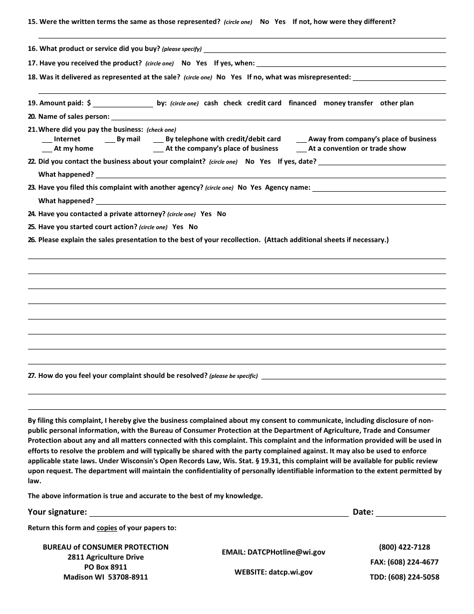 Form 316 Consumer Complaint - Door-To-Door Solicitation - Wisconsin, Page 2