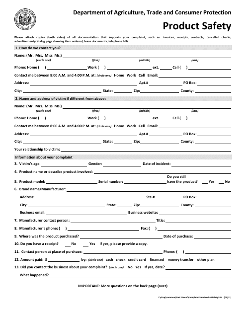 Consumer Complaint Form - Product Safety - Wisconsin Download Pdf