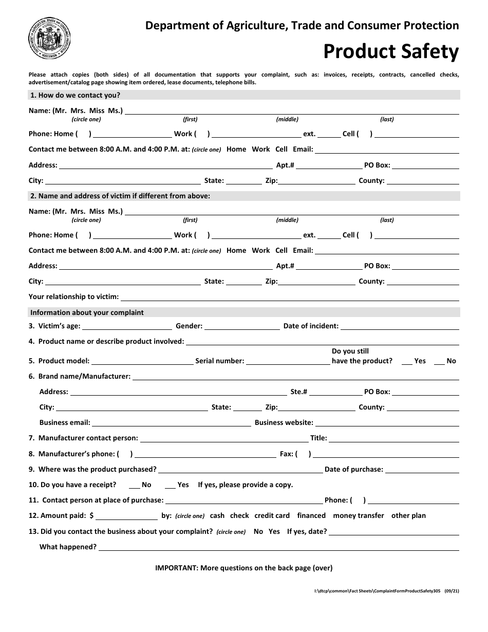 Consumer Complaint Form - Product Safety - Wisconsin, Page 1