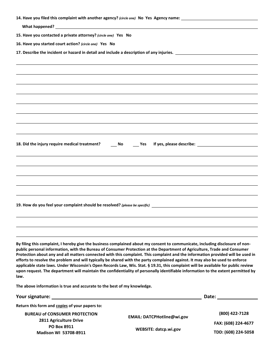 Consumer Complaint Form - Product Safety - Wisconsin, Page 2